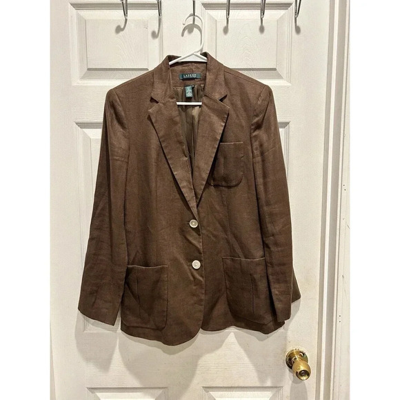 Lauren Ralph Lauren Blazer Womens Size 10 Brown Button Front Classic 100% Linen - Picture 1 of 7
